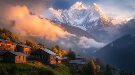 Mountain village bathed in golden sunlight.  Colorful autumn foliage.  Majestic snowy peaks.  Misty valley