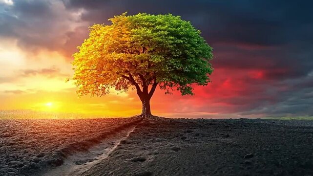 A lone tree stands against a divided sky half sunset half storm