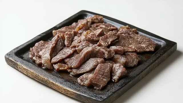 Sliced marinated beef served on a black stone plate, ready for grilling in a modern kitchen