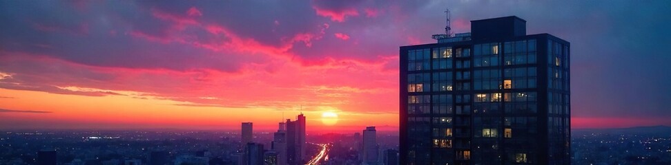 Fototapeta premium Modern office building silhouetted against a vibrant dusk sky, city lights beginning to twinkle Perfect for corporate, real estate, and architectural projects , business, corporate, buildings