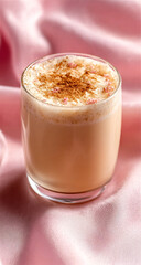 Cinnamon latte in glass cup on pink fabric with warm lighting
