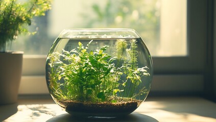 Sunlit aquatic plant terrarium in glass bowl on windowsill.