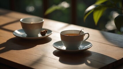 Two cups of coffee on a wooden table with sunlight and green background.