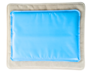 Blue rectangular gel cooling pad on a fabric mat on a transparent background