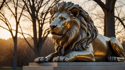 Golden lion statue on stone base with trees and sky in background.