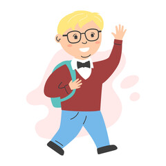Schoolboy with a school bag walking and waving his hand. Cartoon style illustration