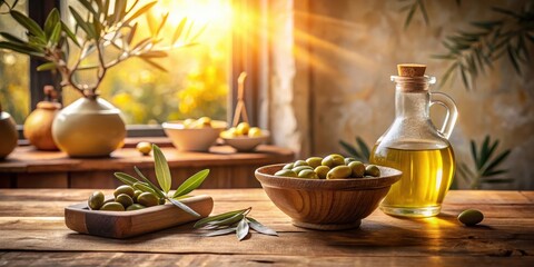 Sunlit Still Life Featuring Fresh Olives and Golden Oil in Rustic Setting