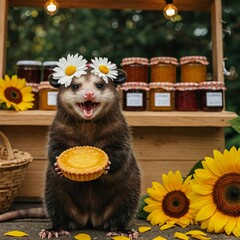 A happy possum with a daisy hat clutches a lemon tart beside a stand glowing with jars of jam and sunflower petals.