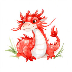 A charming red dragon smiles amidst lush greenery perfect for fantasy enthusiasts and art lovers.