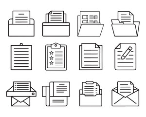 Document and Paper vector line icon set. Contains linear outline icons like File, Page, Legal Document, Folder, Receipt, Message, Form. Editable use and stroke for Infographic, Web, Print.