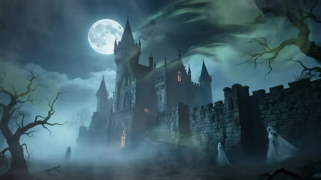 Halloween ghost bats scary house castle a full moon in the dark night mist Illustration of halloween background  halloween night scene video halloween background with haunted spooky halloween castle