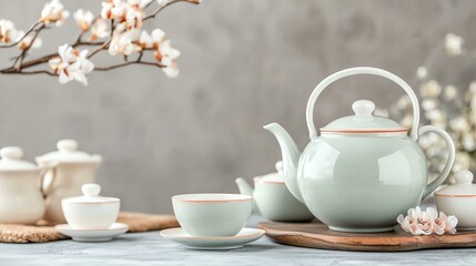 A serene tea setup featuring a delicate teapot and cups, surrounded by floral accents, perfect for a calm and inviting atmosphere.