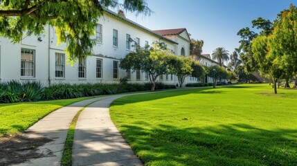 College campus building with lawn and path