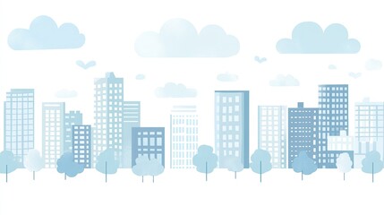 Obraz premium Cityscape Cartoon Skyline with Pale Blue Buildings, Trees, and Clouds on White