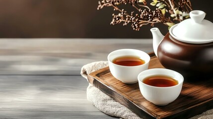 A serene tea setup featuring a teapot and two cups on a wooden tray, perfect for relaxation and mindfulness moments.