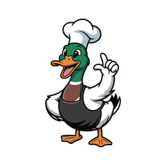 A cheerful duck mascot wearing a chef's hat a spatula and smiling warmly vector