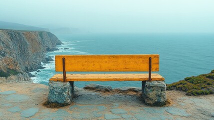Empty yellow wooden bench overlooking a misty ocean