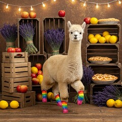 A fluffy alpaca with rainbow booties dances past apple crates while music floats between lavender bunches and lemon pies on wooden shelves.