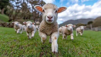 Fototapeta premium A cute, fluffy lamb sprints towards the camera, following its flock