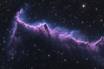 Cosmic landscape showcasing a nebula with vibrant purple and blue hues, scattered stars, and dark interstellar dust.