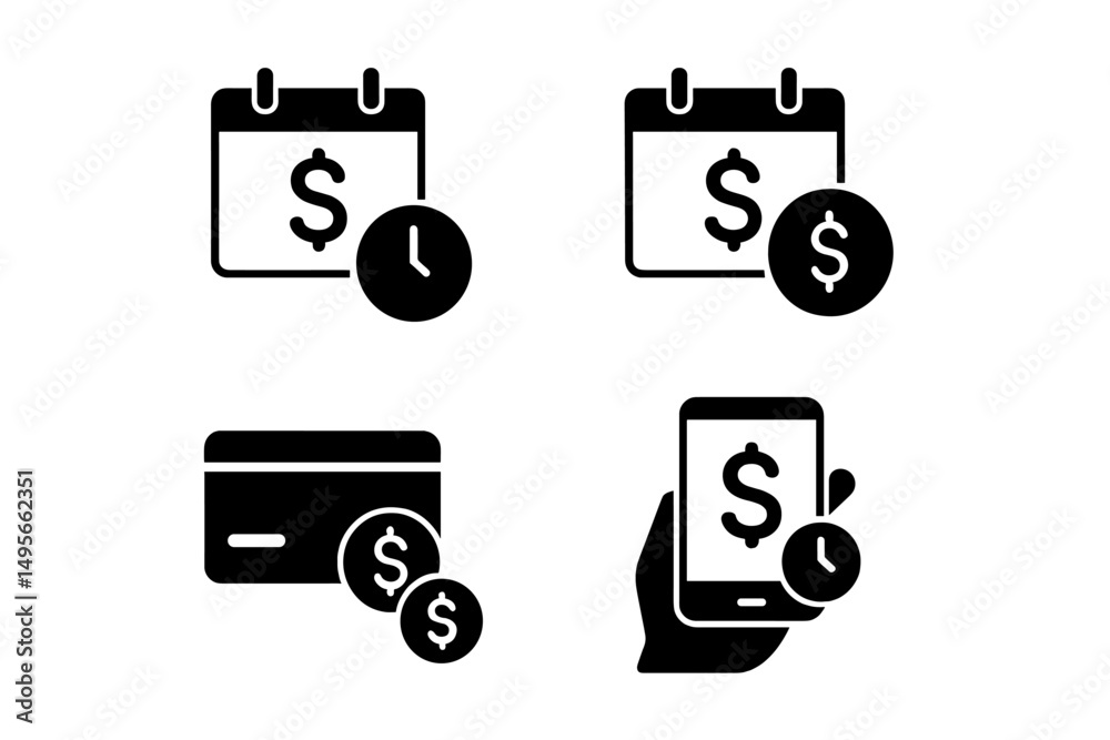 Aufkleber various icons depicting financial concepts including calendar, payment methods, and mobile transacti