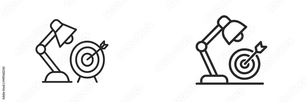 Poster creative illustration of a desk lamp aiming at a target, showcasing focus and productivity in an off