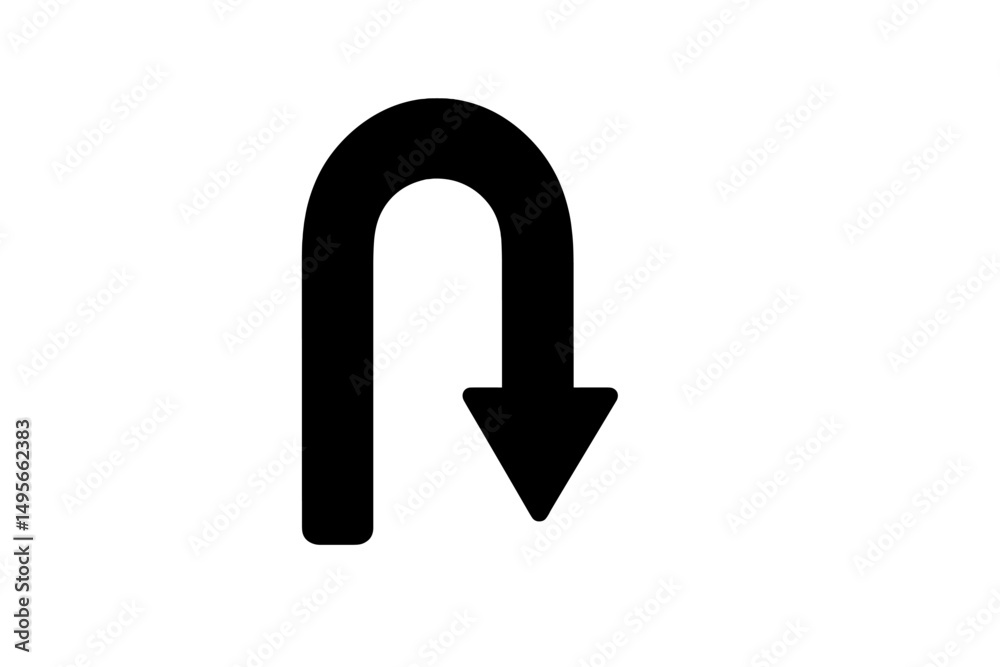 Poster directional arrow indicating a u-turn for drivers at a road intersection in a city setting