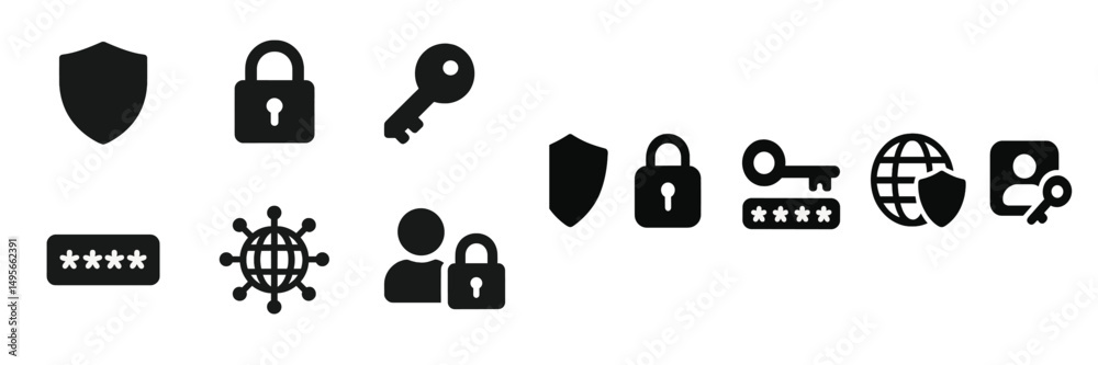 Aufkleber icon set representing security themes including locks, keys, and user protection symbols related to 