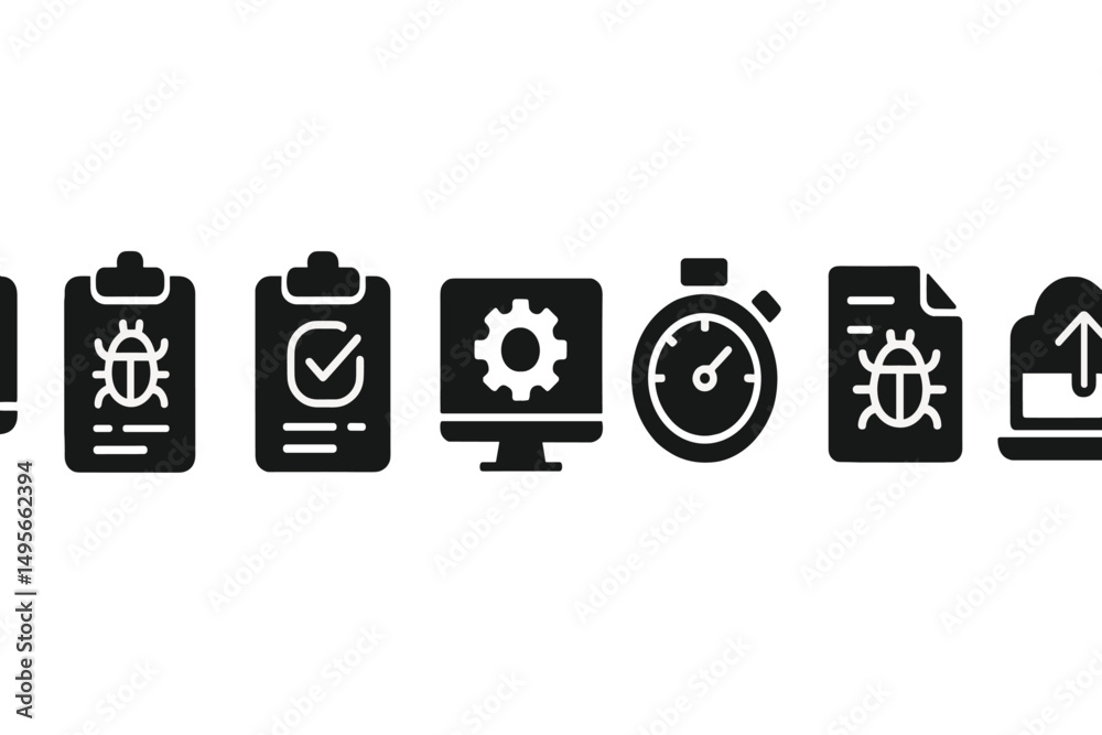 Poster icons representing different aspects of software testing and debugging in a modern digital workspace