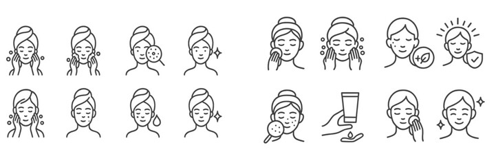 Facial skincare routine illustrated with icons showcasing steps and benefits for healthy skin