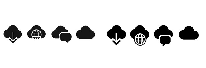 Collection of cloud icons representing various digital activities including download, communication, and global interaction