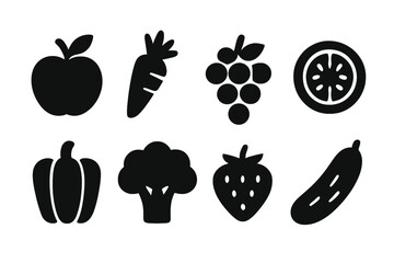 Variety of fresh fruits and vegetables displayed in black silhouette style on a white background showcasing healthy eating options