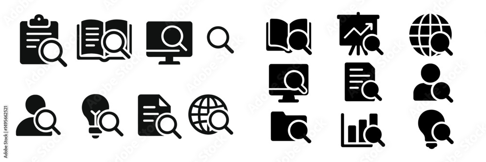 Fototapete collection of black icons representing research, analysis, and data visualization on a white backgro