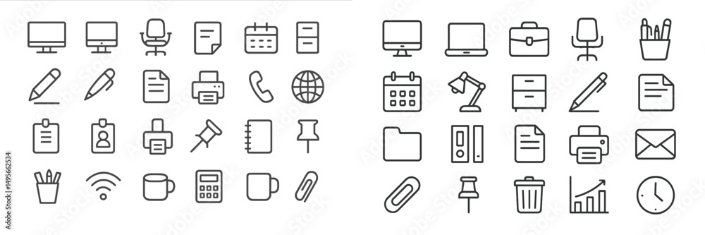 Poster collection of office icons illustrating work tools and organizational objects in a minimalistic desi