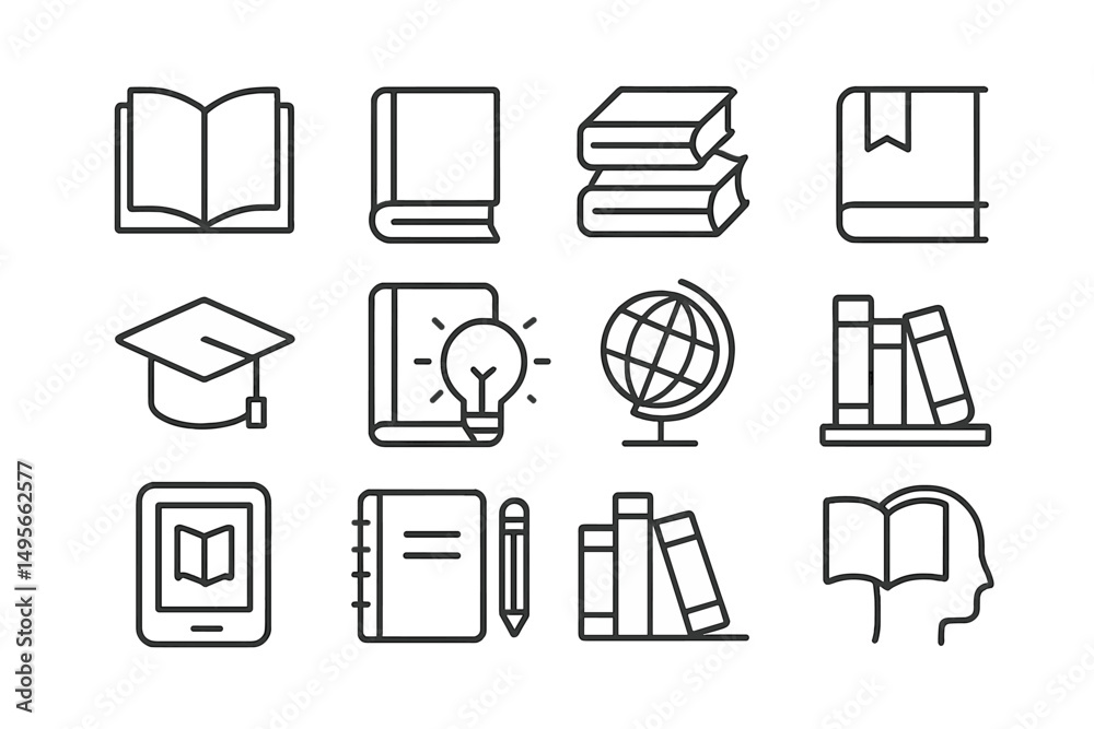 Aufkleber collection of educational symbols and icons representing learning and knowledge sharing in a minimal