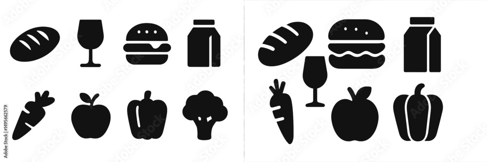 Poster collection of silhouette icons representing various food items and drinks in a simple, modern style 