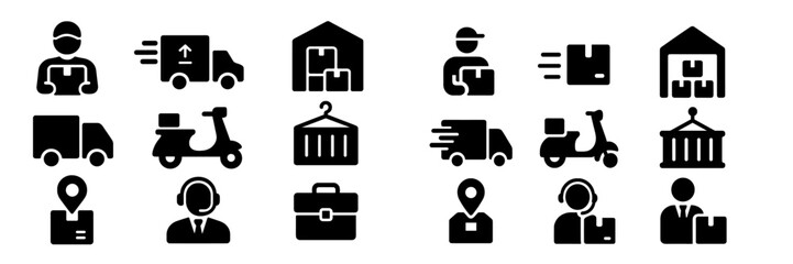 Icons representing logistics, delivery services, and warehouse activities illustrated in a simple design