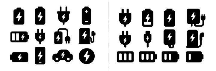 Symbols of energy and power source icons in simple black designs for technology and sustainability themes