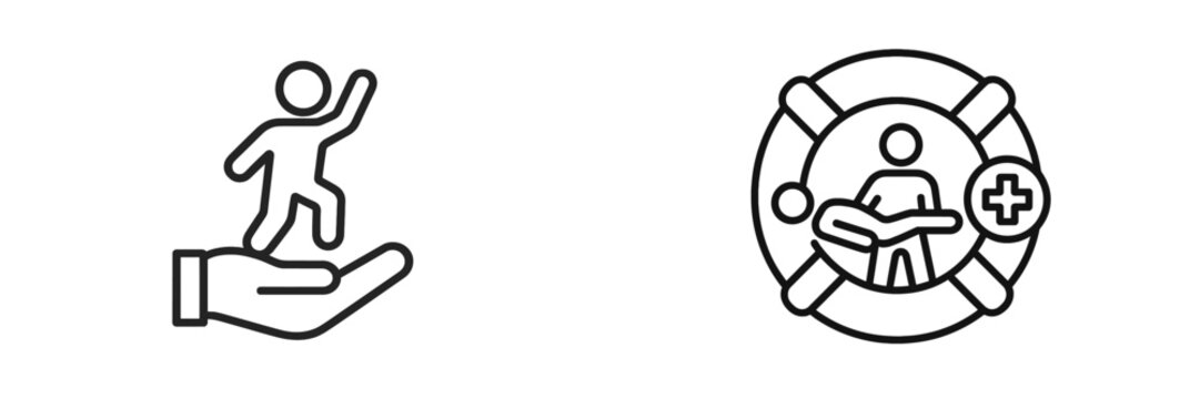 Hand symbol with person standing, rescue symbol with medic, depicting safety and assistance concepts in healthcare