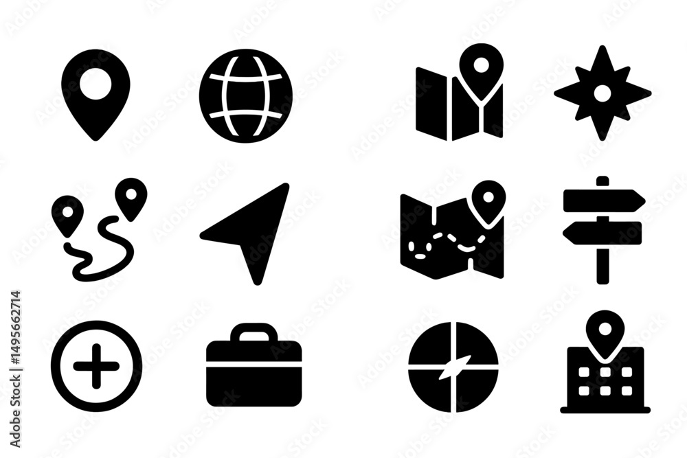 Poster design elements showcasing navigation and location symbols commonly used in mapping and travel appli