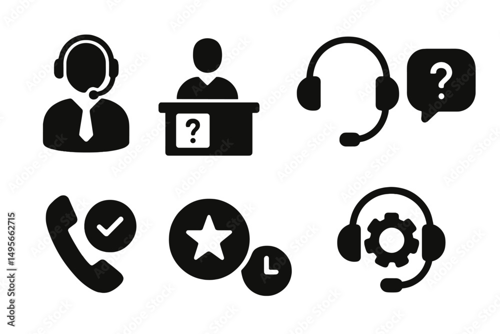 Aufkleber support icons representing customer service and assistance activities in a call center environment d