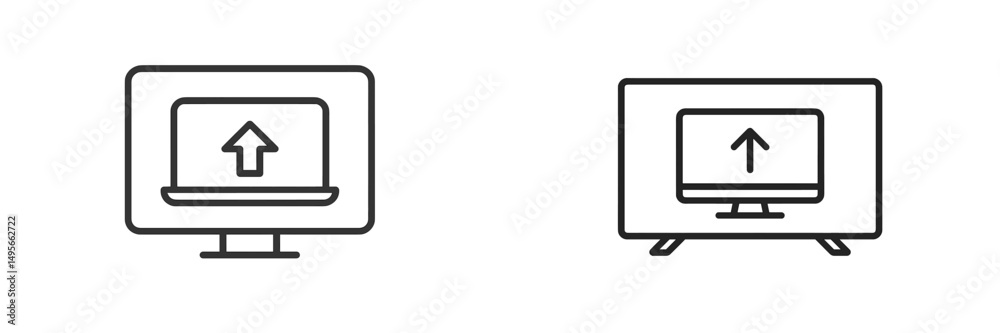 Poster icons representing file upload and data transfer on computer and television screens in a minimalist 
