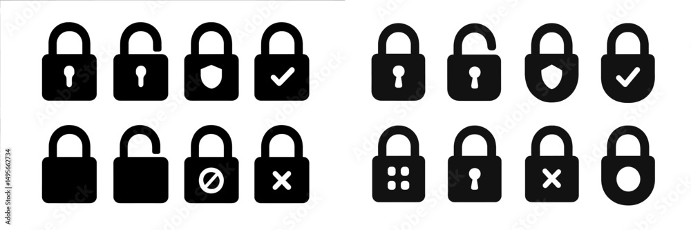 Poster various padlock designs showing different states of security and functionality in a modern digital c