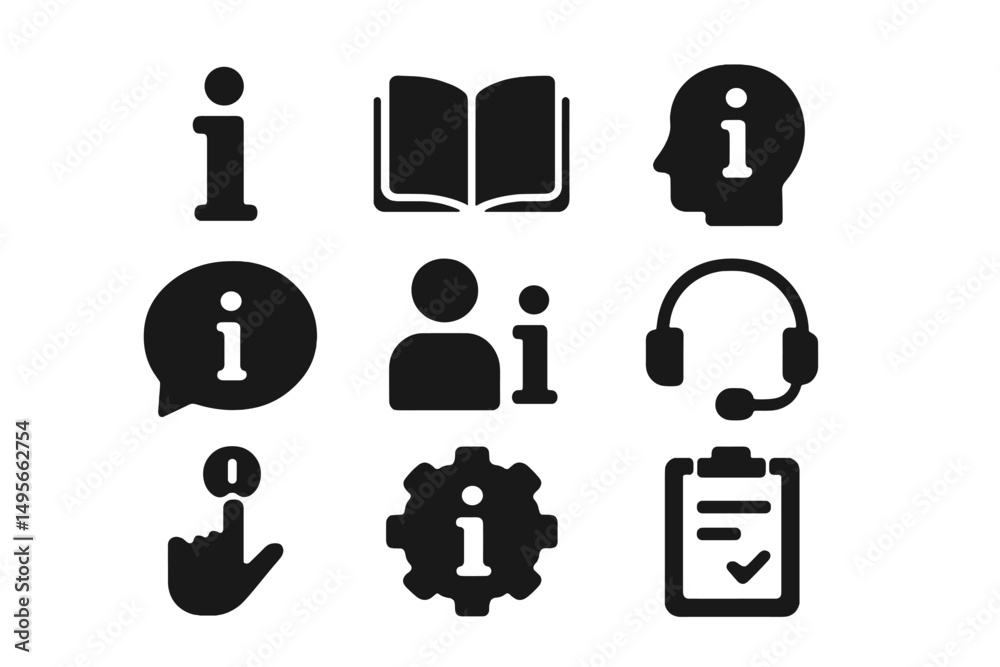 Aufkleber information symbols in various formats representing services, assistance, and communication strategi