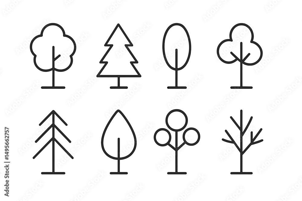 Poster Different types of stylized trees represented in a minimalist design layout for artistic purposes