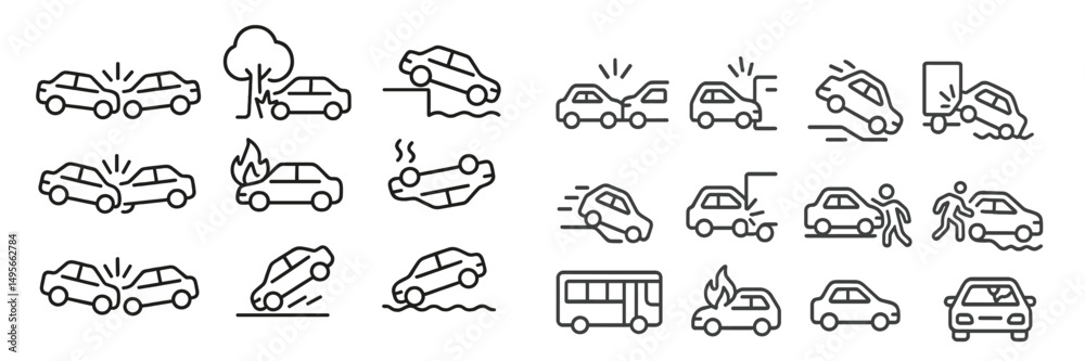 Poster different types of car incidents illustrated in simple line art styles showcased on a clean backgrou
