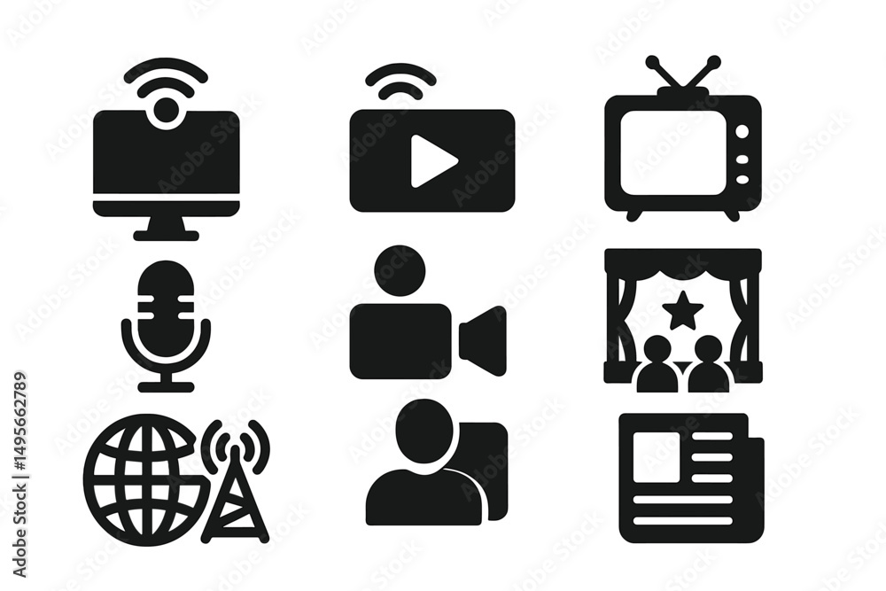 Aufkleber collection of communication and media icons representing technology and entertainment in modern soci