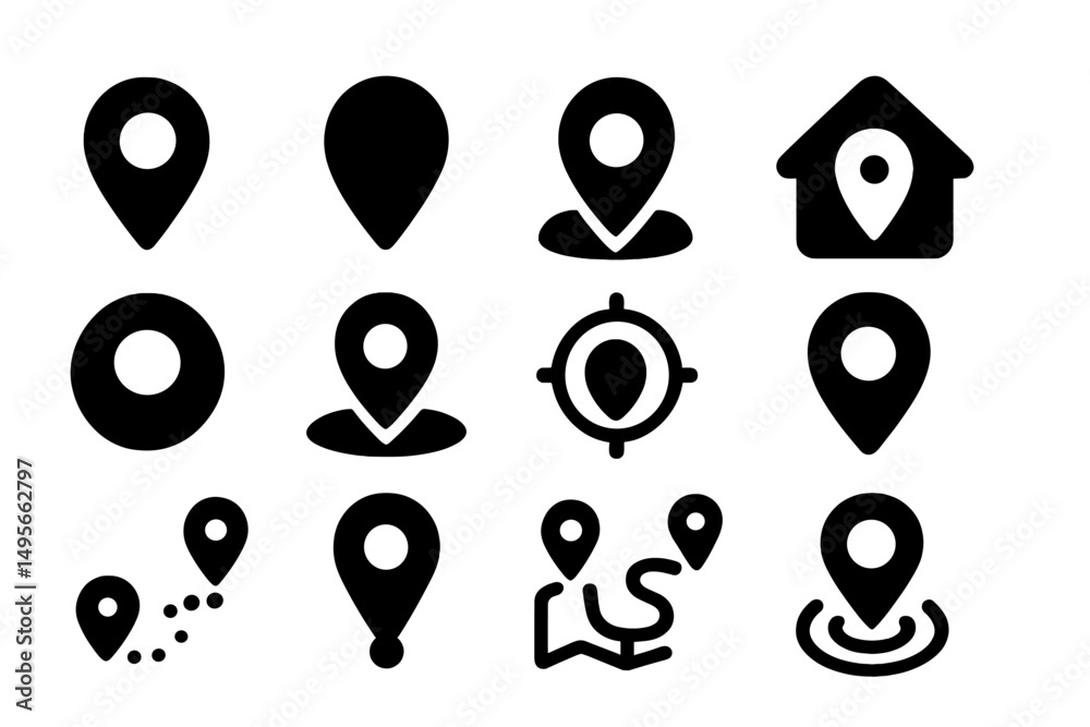 Poster collection of location markers and map symbols in black and white design for navigation and mapping 