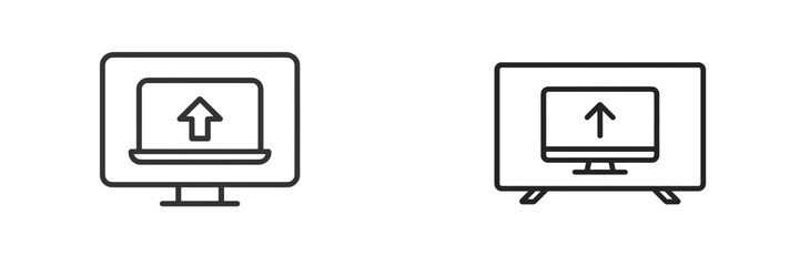 Obraz premium Icons representing file upload and data transfer on computer and television screens in a minimalist design