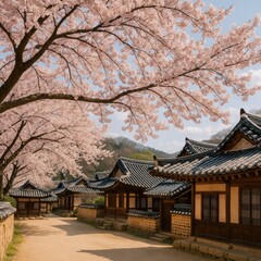 Fototapeta premium Serene Cherry Blossom Pathway with Traditional Korean Hanok Houses